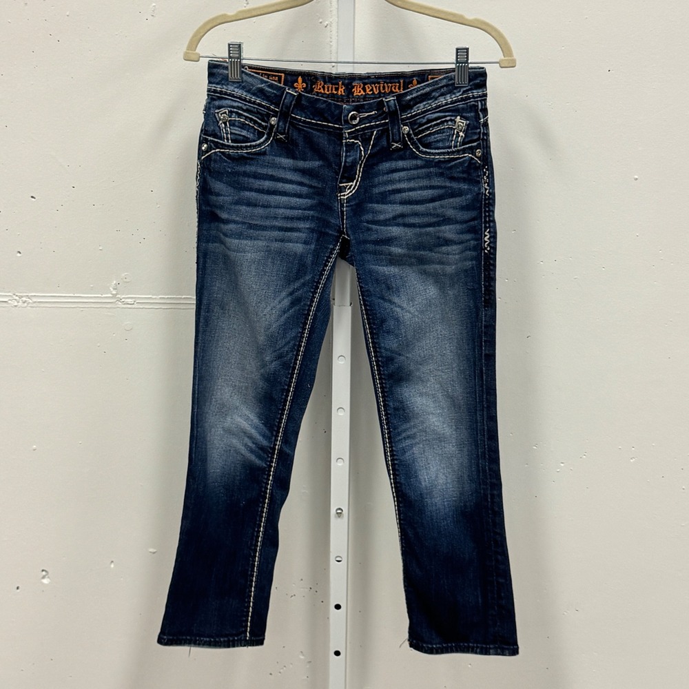 Rock Revival Charlotte Capri Jeans Dark Wash Sequin Buckle Exclusive 26 E8219P22